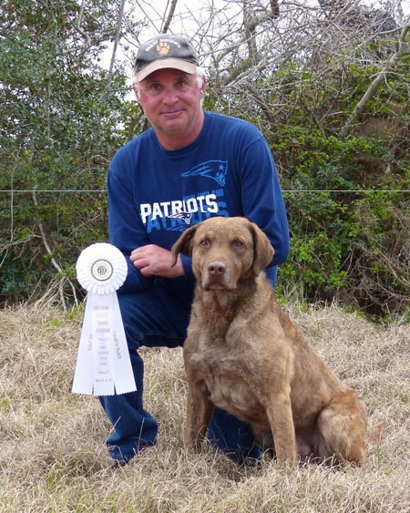 Jago with a Qualifying 4th at the PRTA field trial in March 2015. His handler is Mark Mosher.